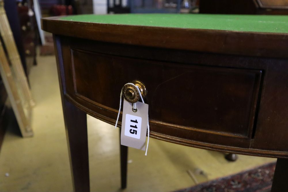 A George III style mahogany demi lune card table, width 86cm, depth 43cm, height 76cm